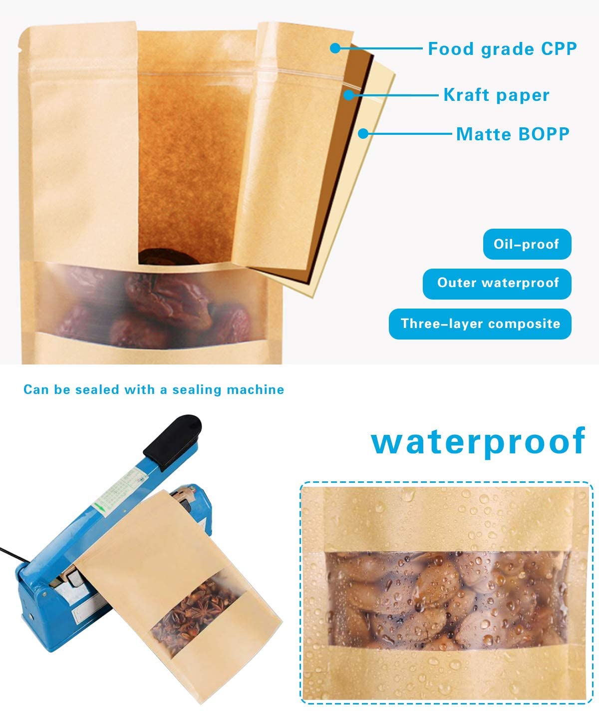 Kraft Stand Up Pouches Paper Bag Zip Lock Food Storage Bags 